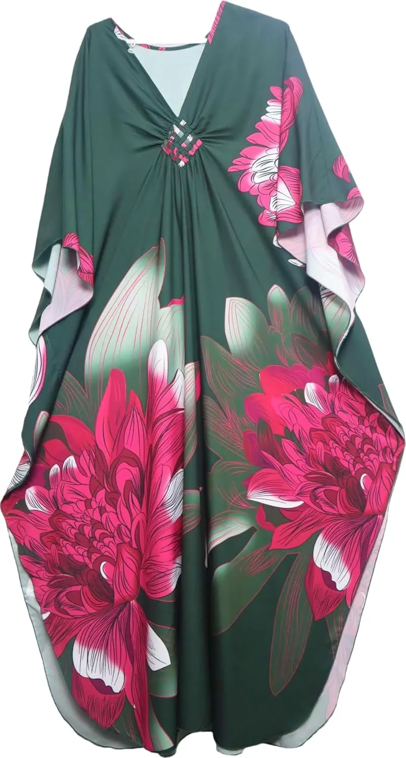 floral Kaftan Dresses for Women Plus size Beach cover up wave neck Batwing sleeve