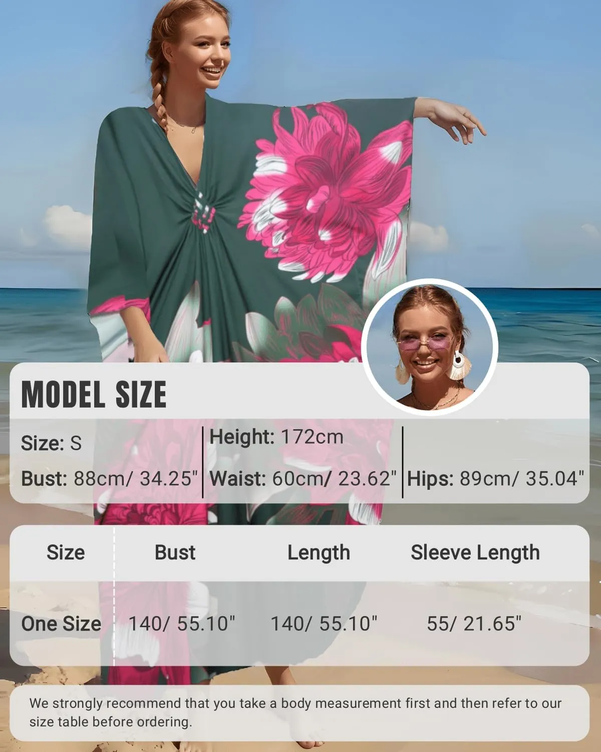 floral Kaftan Dresses for Women Plus size Beach cover up wave neck Batwing sleeve