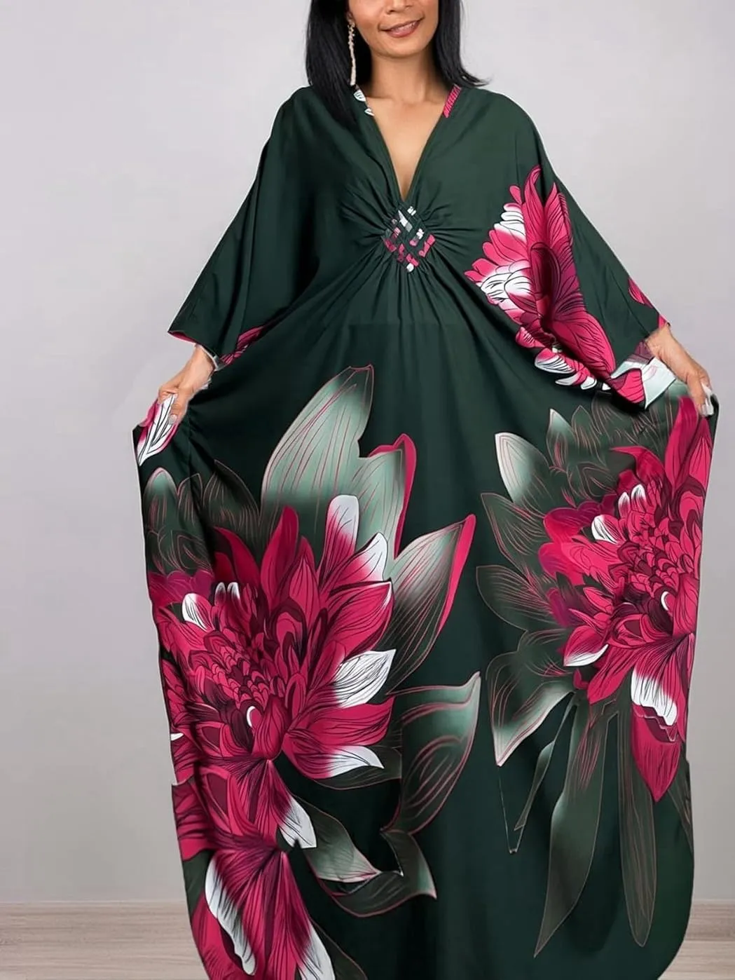 floral Kaftan Dresses for Women Plus size Beach cover up wave neck Batwing sleeve