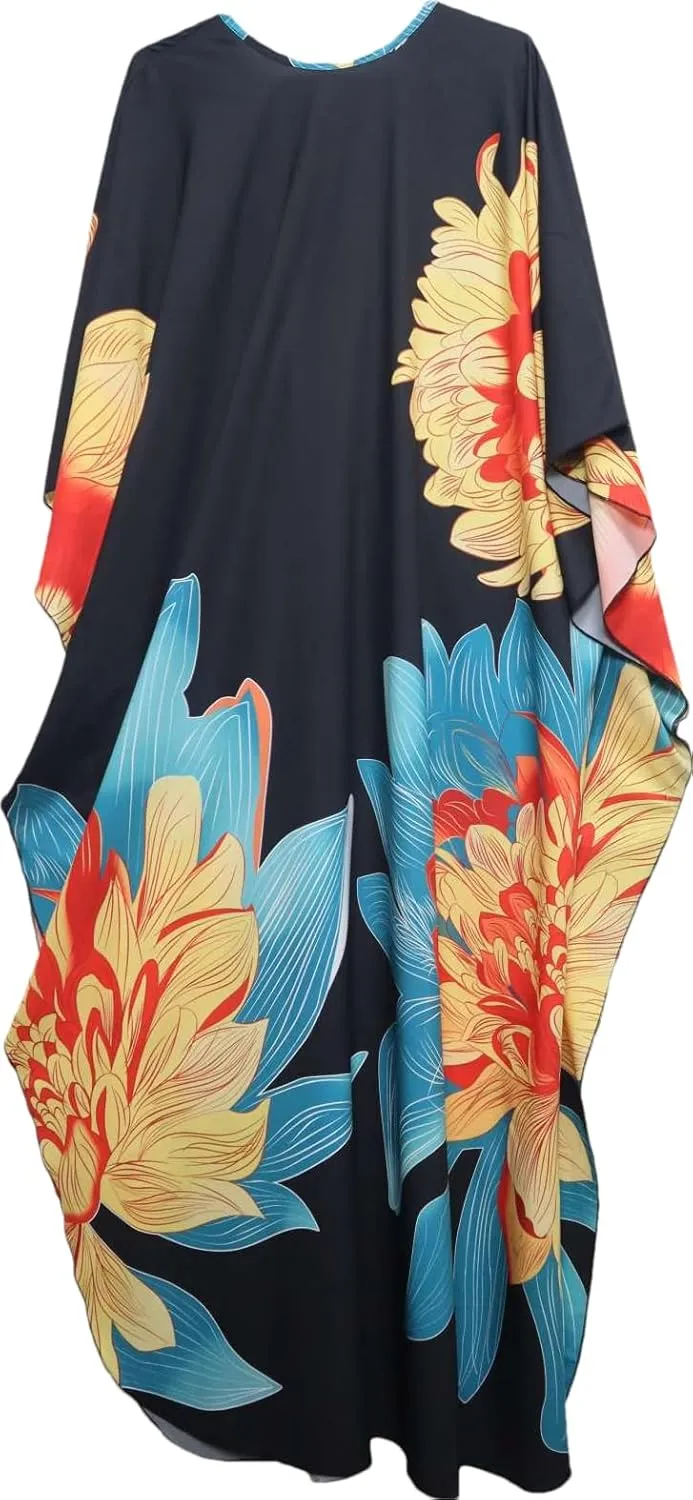 floral Kaftan Dresses for Women Plus size Beach cover up wave neck Batwing sleeve