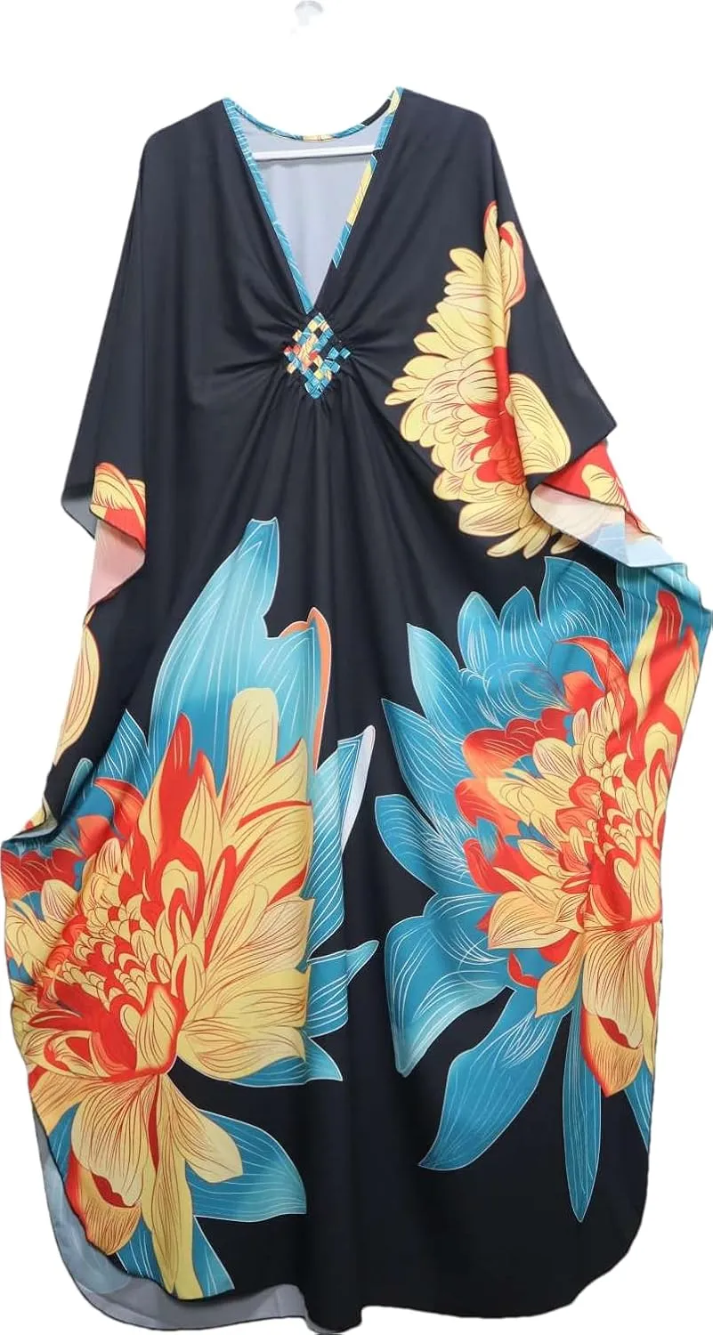 floral Kaftan Dresses for Women Plus size Beach cover up wave neck Batwing sleeve