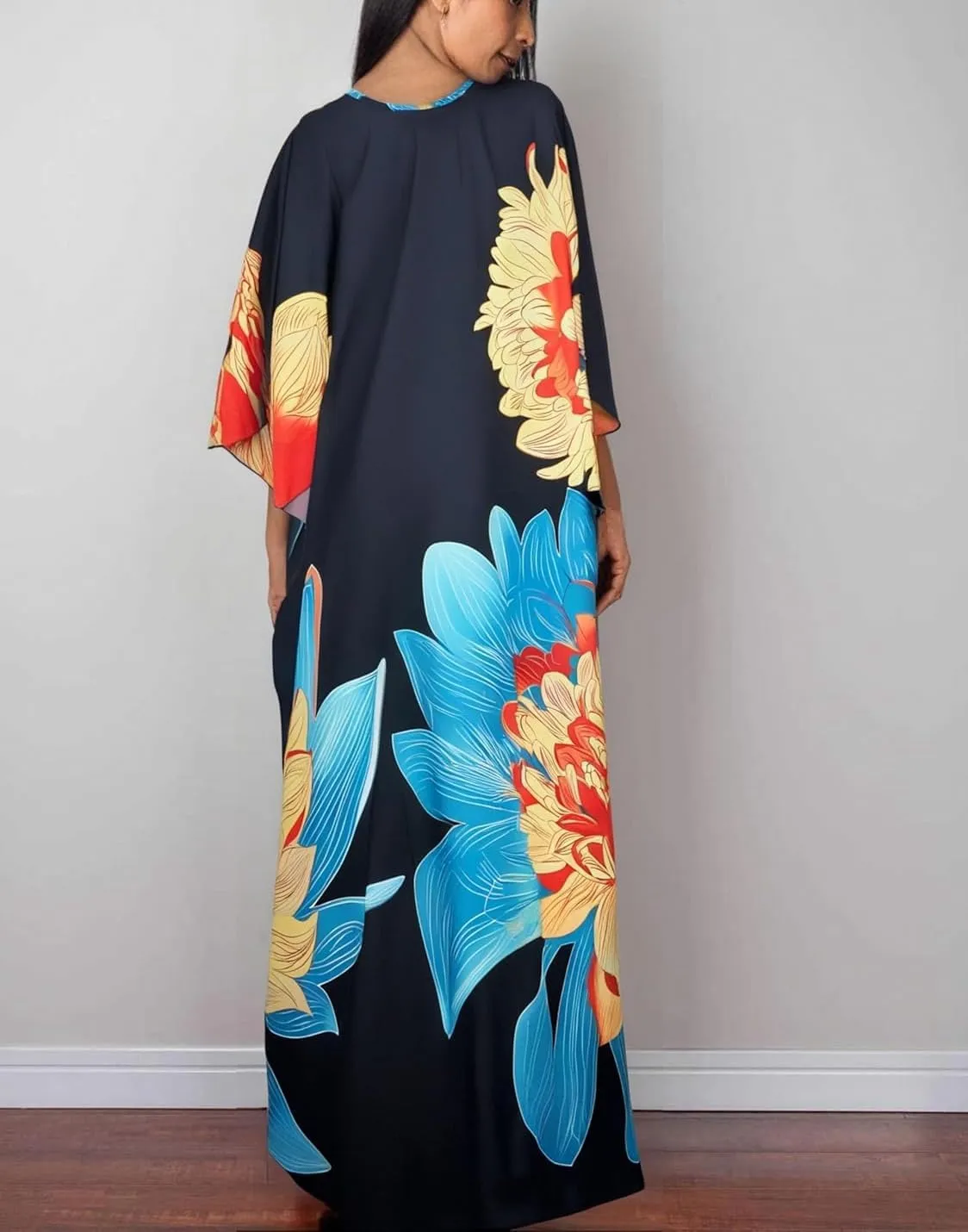 floral Kaftan Dresses for Women Plus size Beach cover up wave neck Batwing sleeve