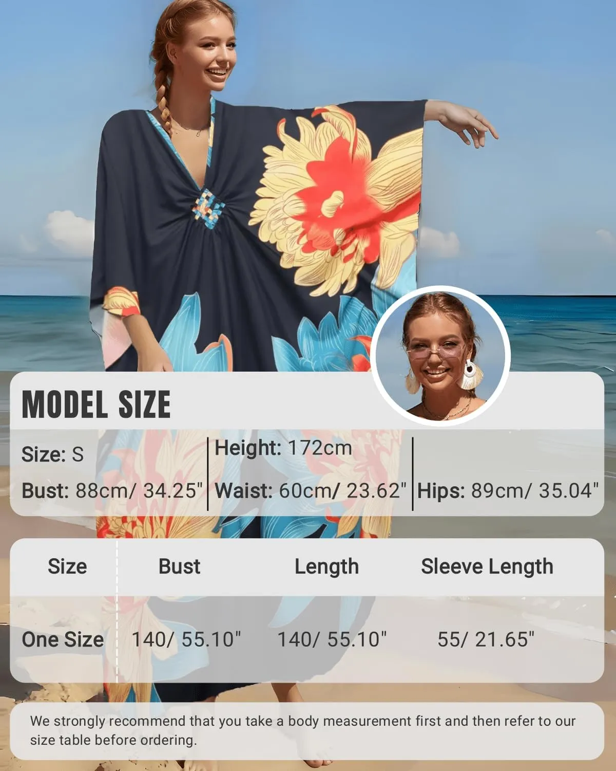 floral Kaftan Dresses for Women Plus size Beach cover up wave neck Batwing sleeve