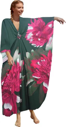floral Kaftan Dresses for Women Plus size Beach cover up wave neck Batwing sleeve