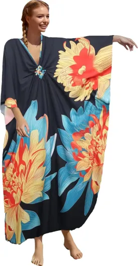 floral Kaftan Dresses for Women Plus size Beach cover up wave neck Batwing sleeve