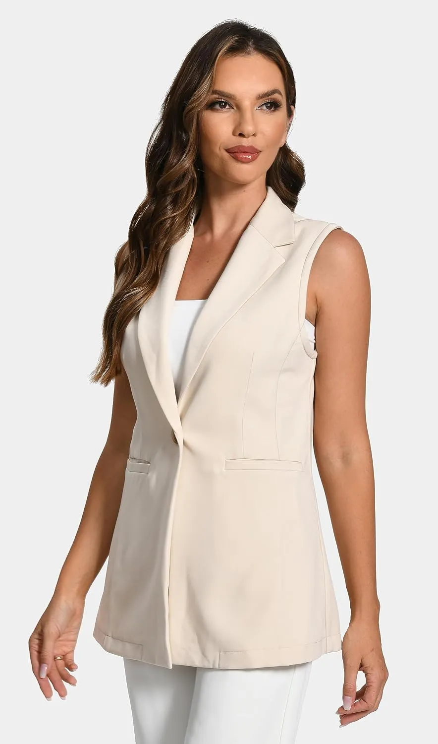 Foucome Women's Sleeveless Long Vest Lapel Office Suit Vests Casual Cardigan Trench Jacket