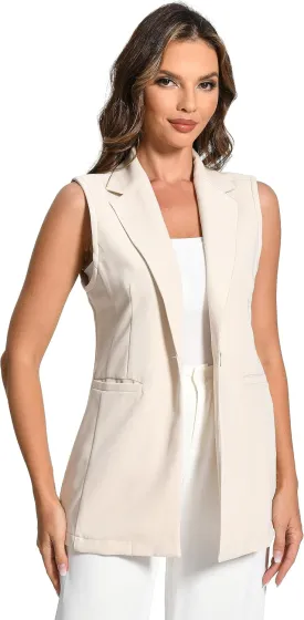 Foucome Women's Sleeveless Long Vest Lapel Office Suit Vests Casual Cardigan Trench Jacket