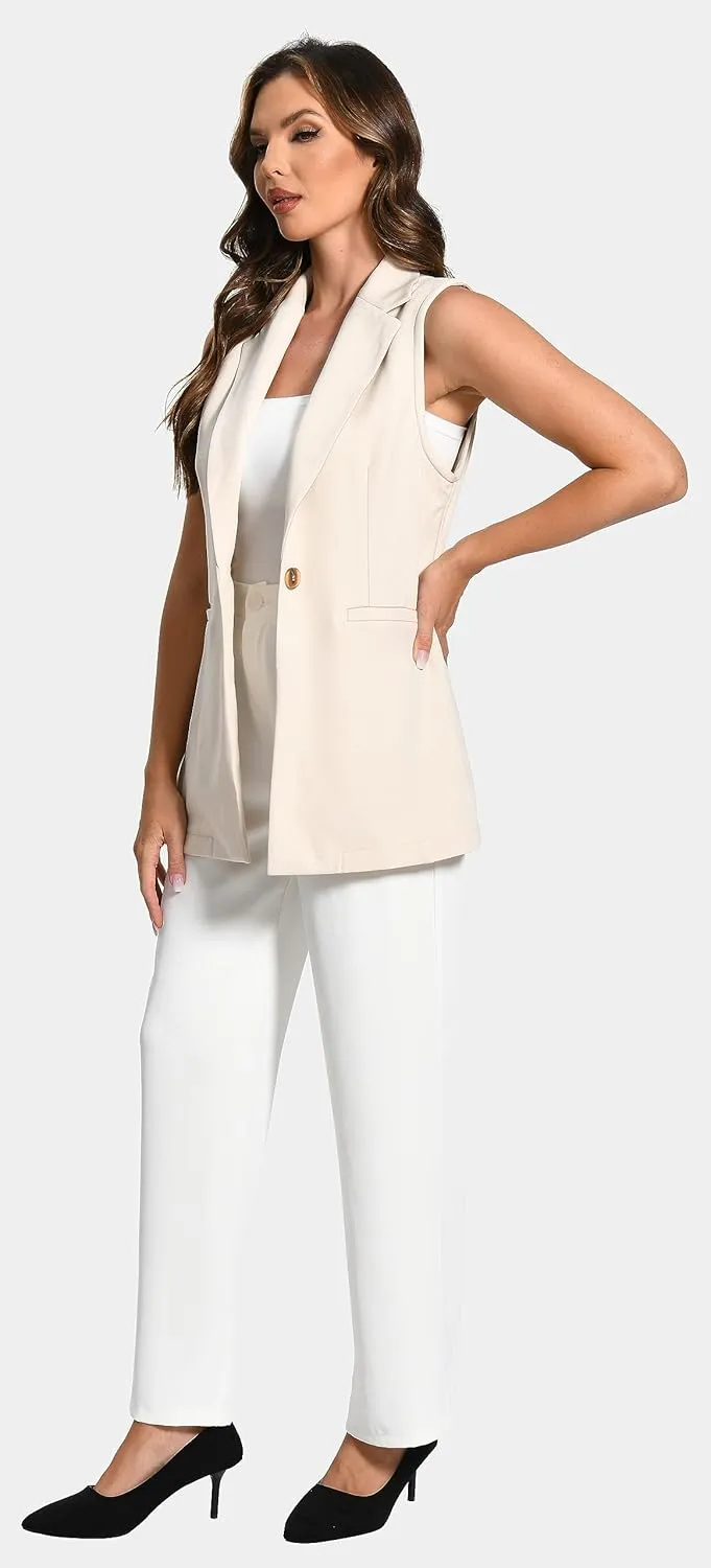 Foucome Women's Sleeveless Long Vest Lapel Office Suit Vests Casual Cardigan Trench Jacket