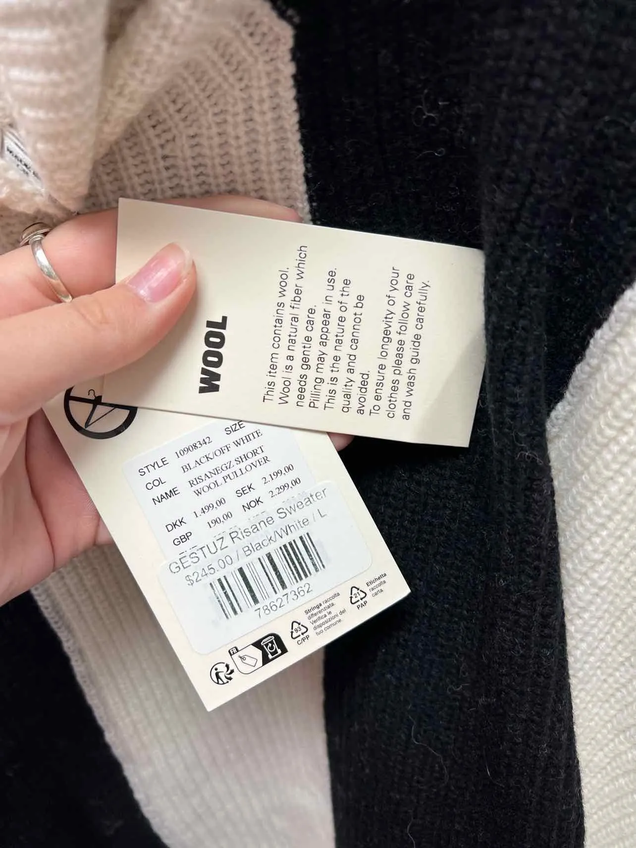 Gestuz Size L Ivory/Black Stripe Wool NEW Designer Sweater