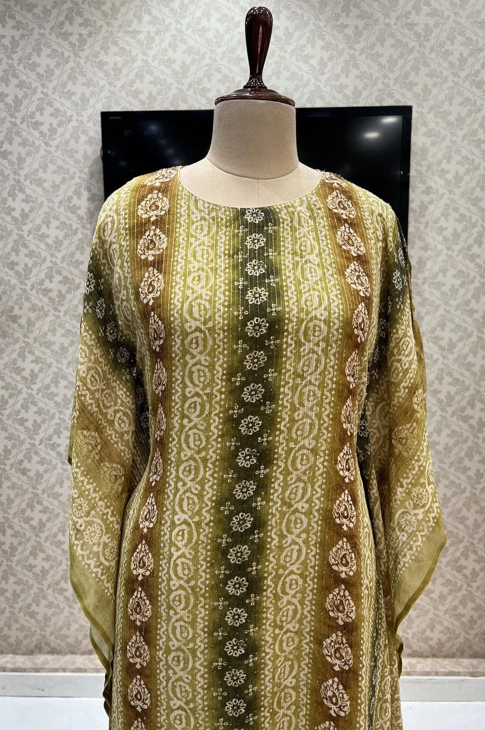 Green Shaded Sequins and Thread work with Batik Print Kaftan Style Kurti