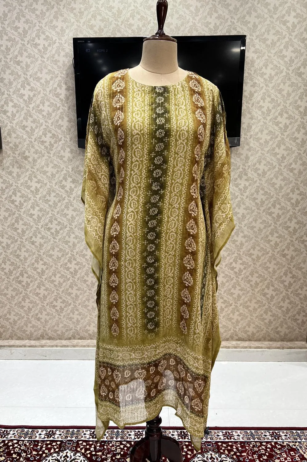Green Shaded Sequins and Thread work with Batik Print Kaftan Style Kurti