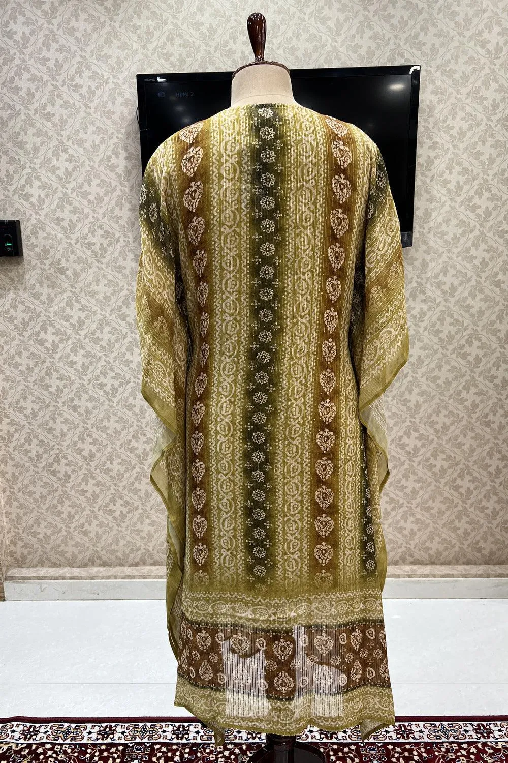 Green Shaded Sequins and Thread work with Batik Print Kaftan Style Kurti
