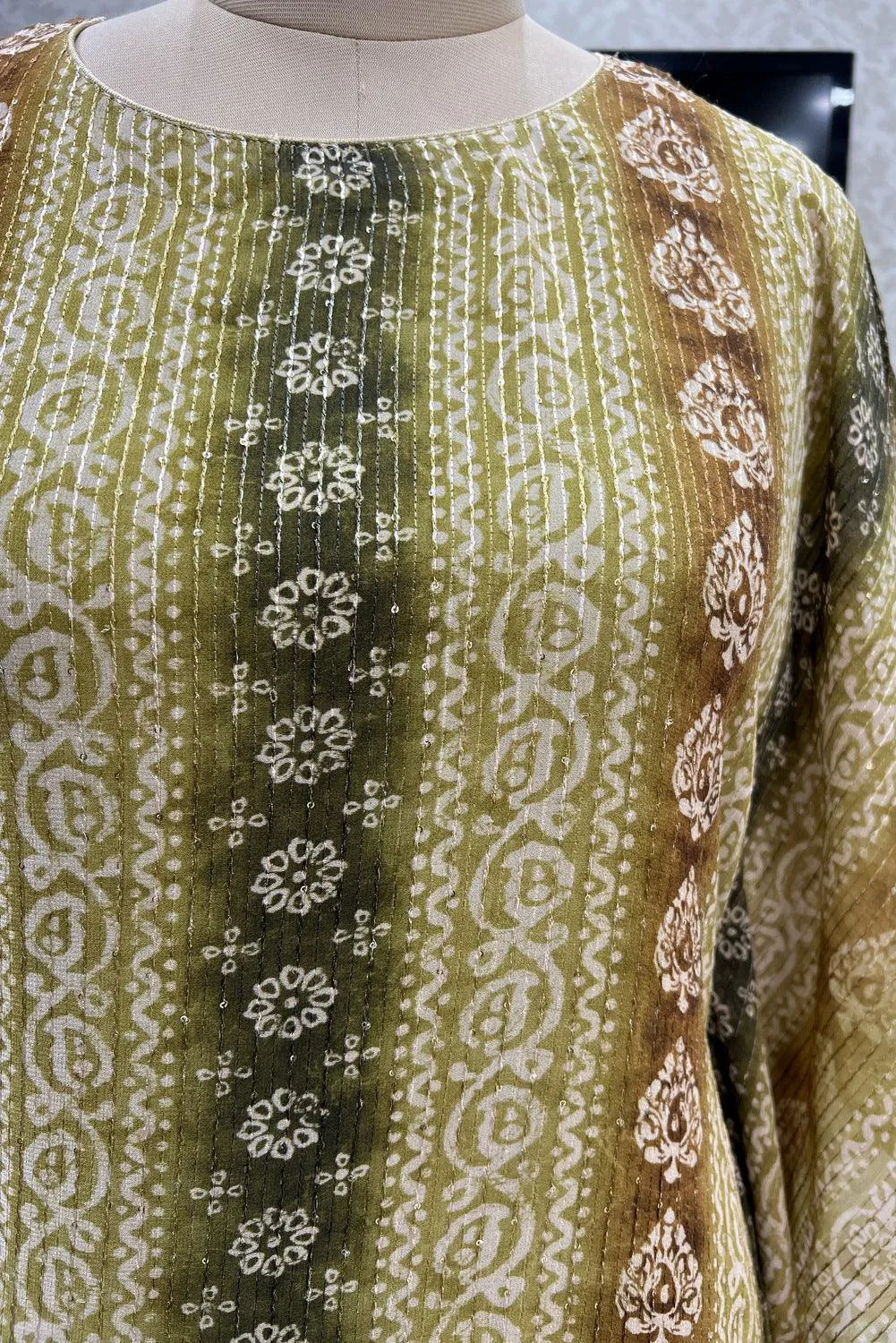 Green Shaded Sequins and Thread work with Batik Print Kaftan Style Kurti