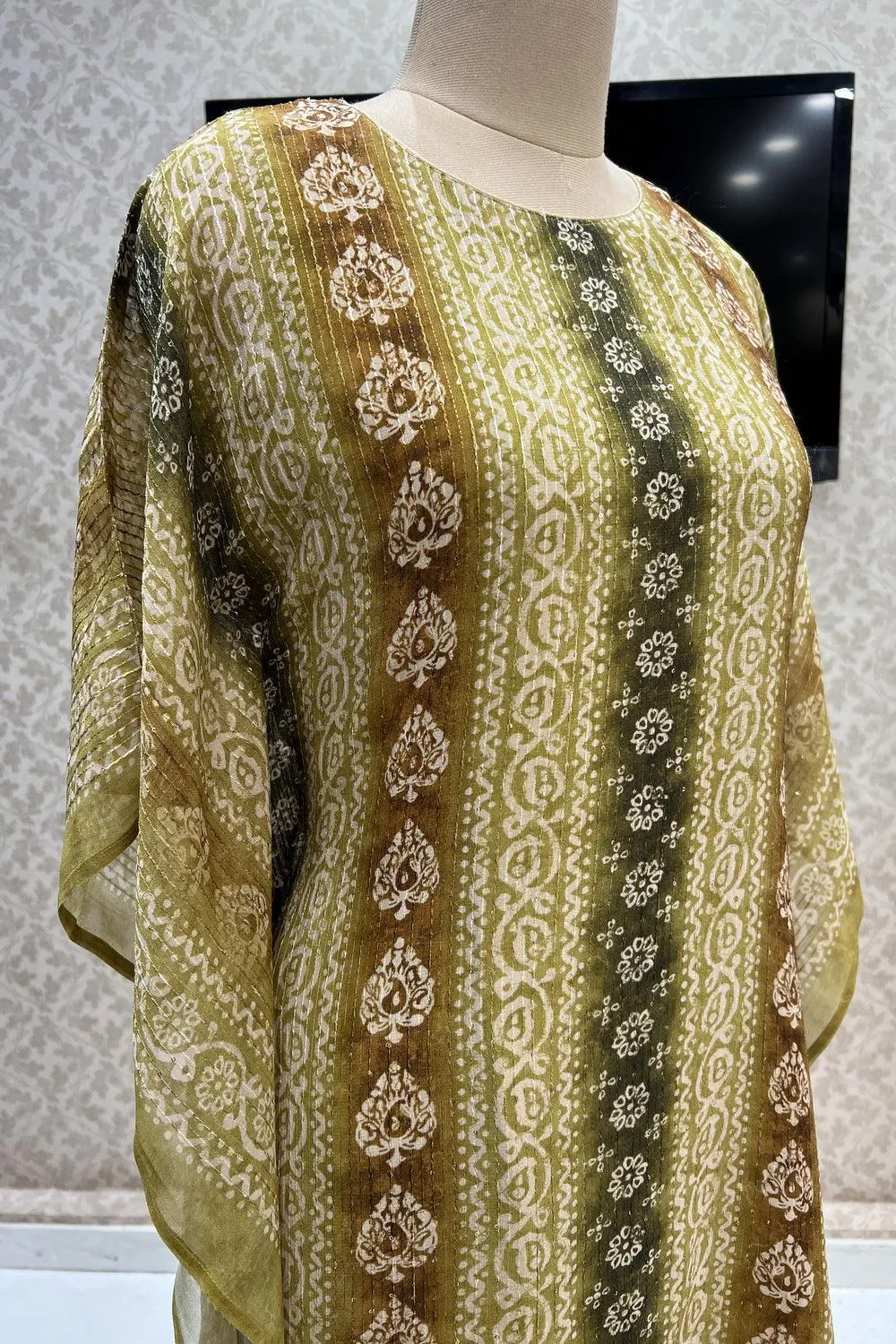 Green Shaded Sequins and Thread work with Batik Print Kaftan Style Kurti