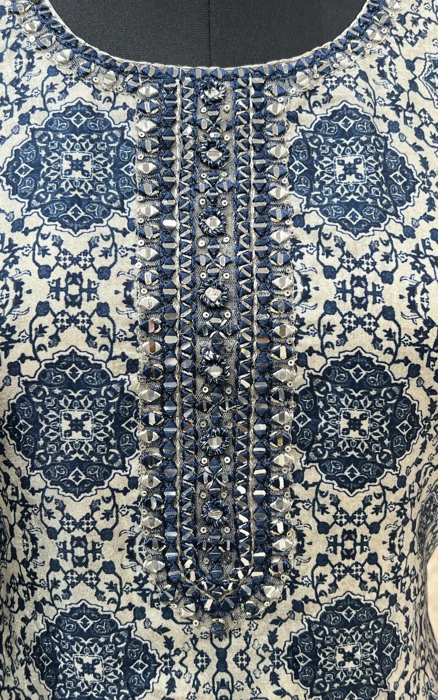 Grey with Blue Digital Print, Mirror and Thread work Calf Length Kurti