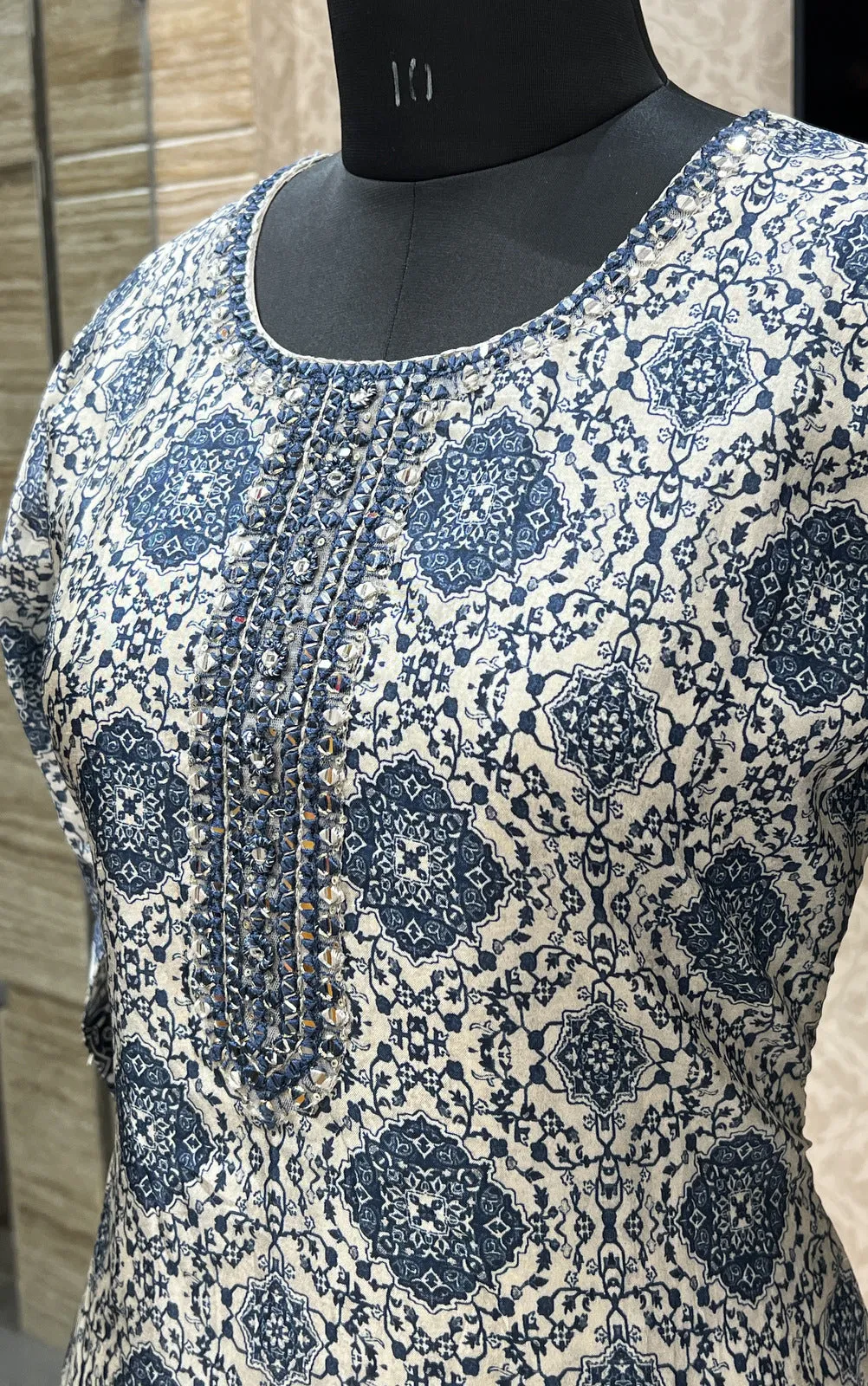 Grey with Blue Digital Print, Mirror and Thread work Calf Length Kurti