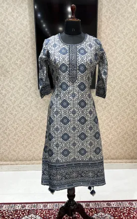 Grey with Blue Digital Print, Mirror and Thread work Calf Length Kurti