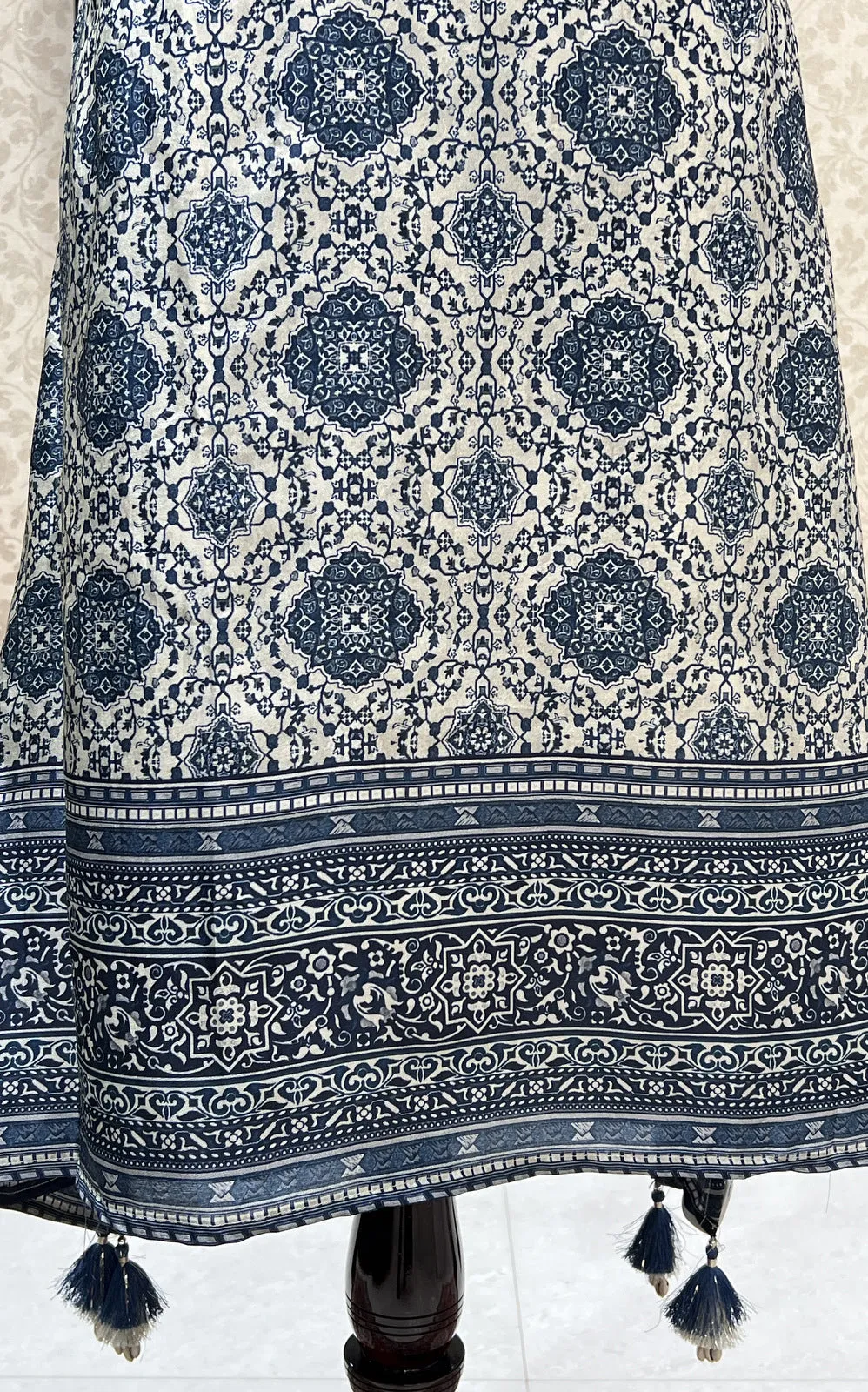 Grey with Blue Digital Print, Mirror and Thread work Calf Length Kurti