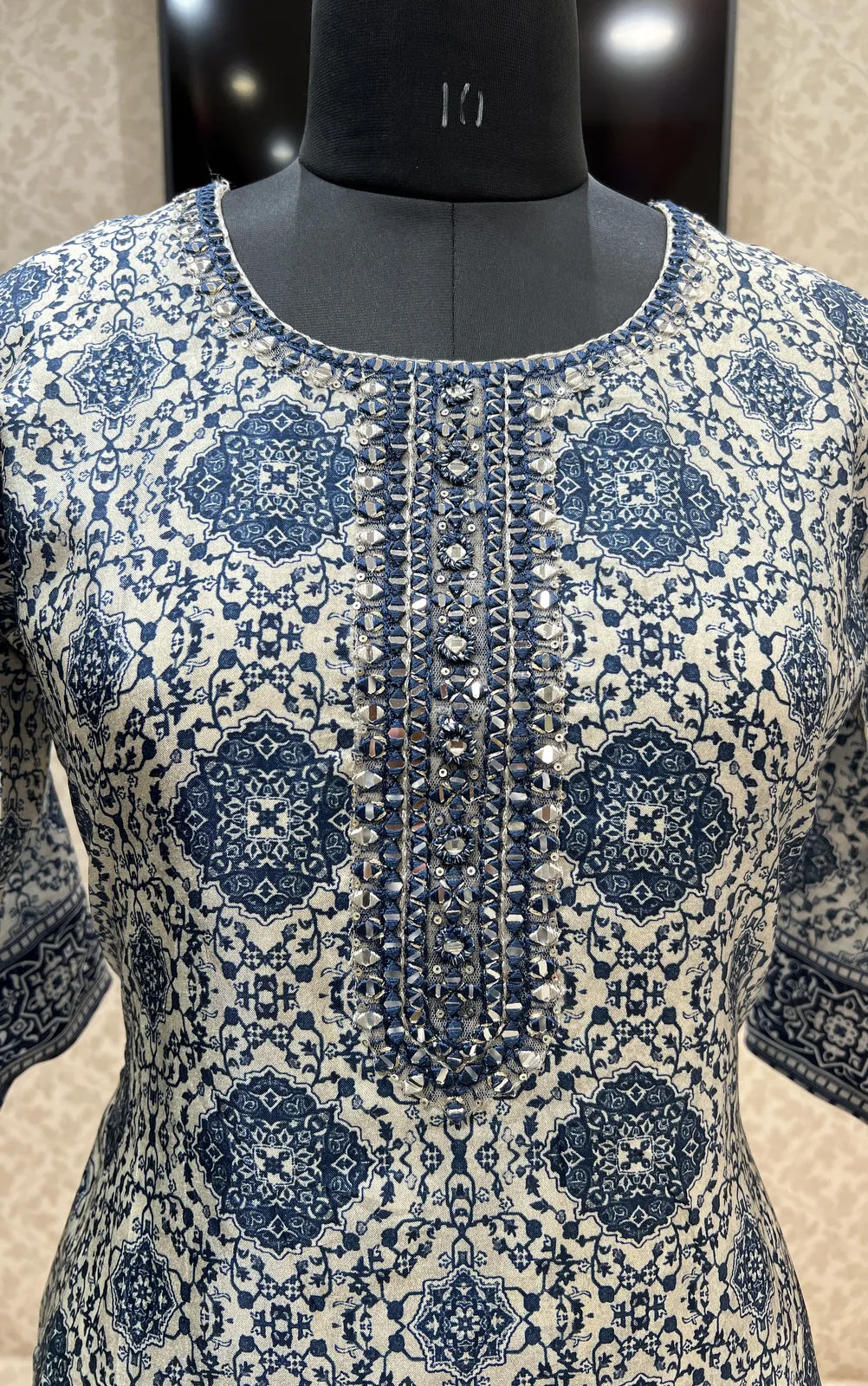 Grey with Blue Digital Print, Mirror and Thread work Calf Length Kurti