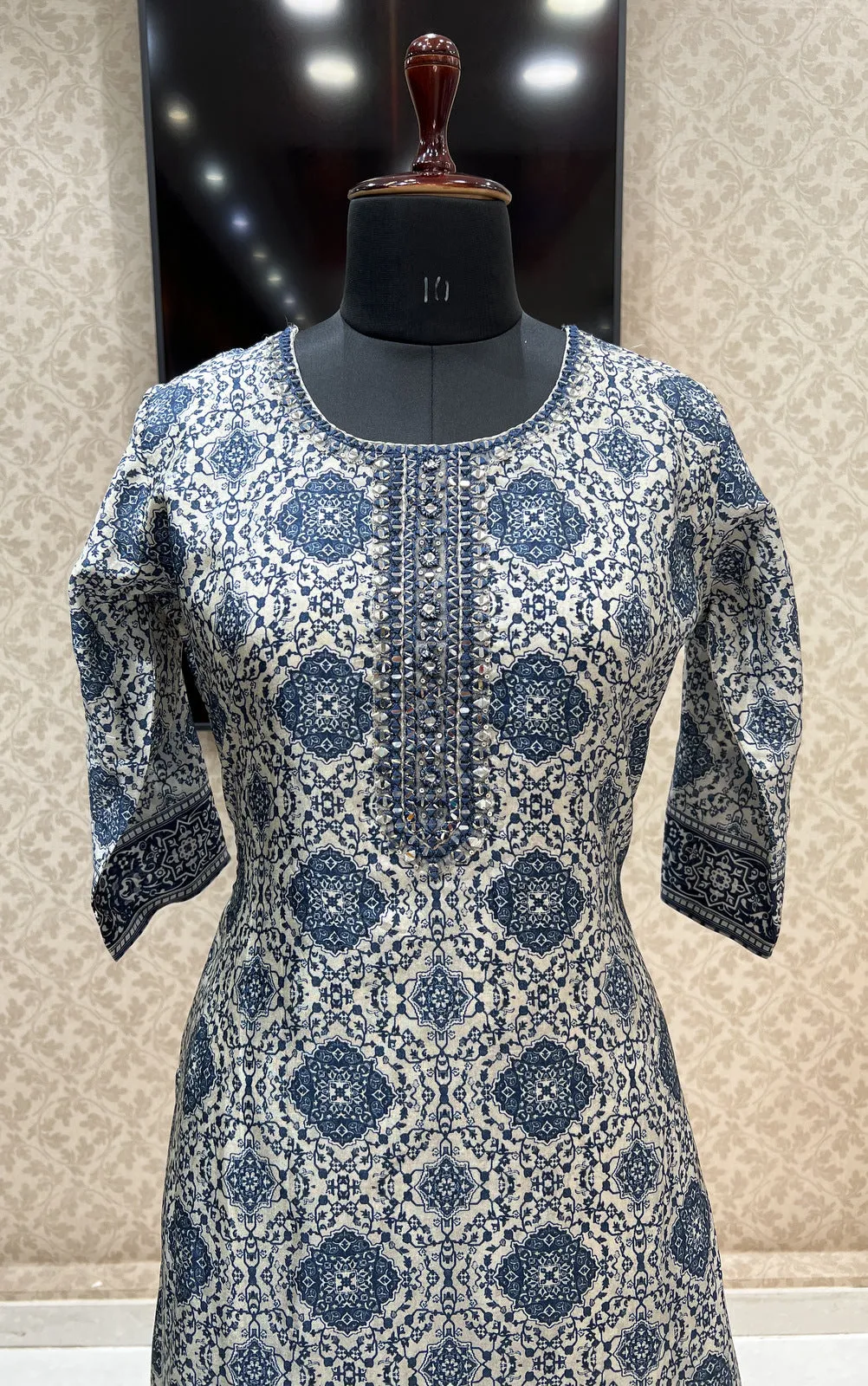 Grey with Blue Digital Print, Mirror and Thread work Calf Length Kurti