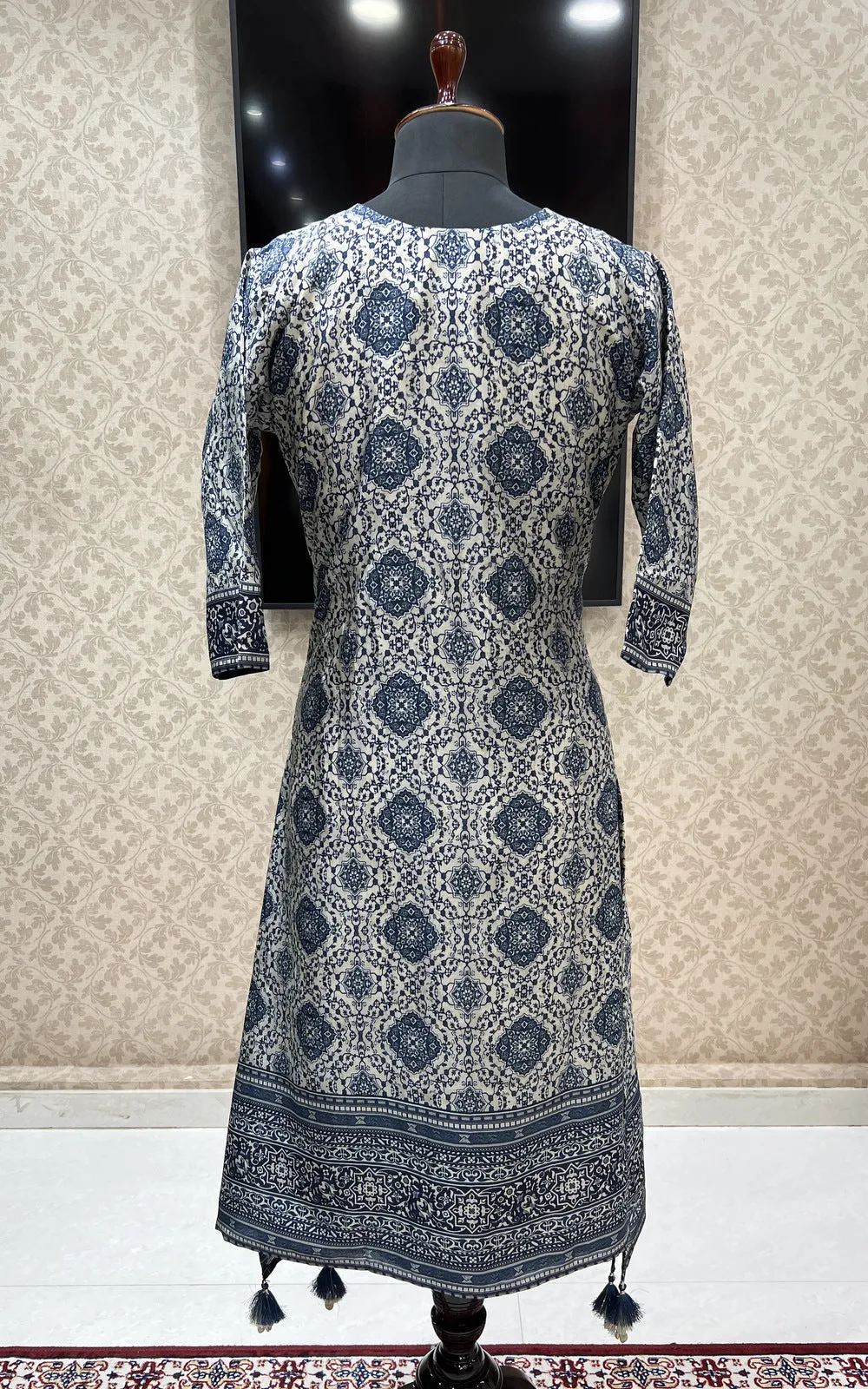 Grey with Blue Digital Print, Mirror and Thread work Calf Length Kurti