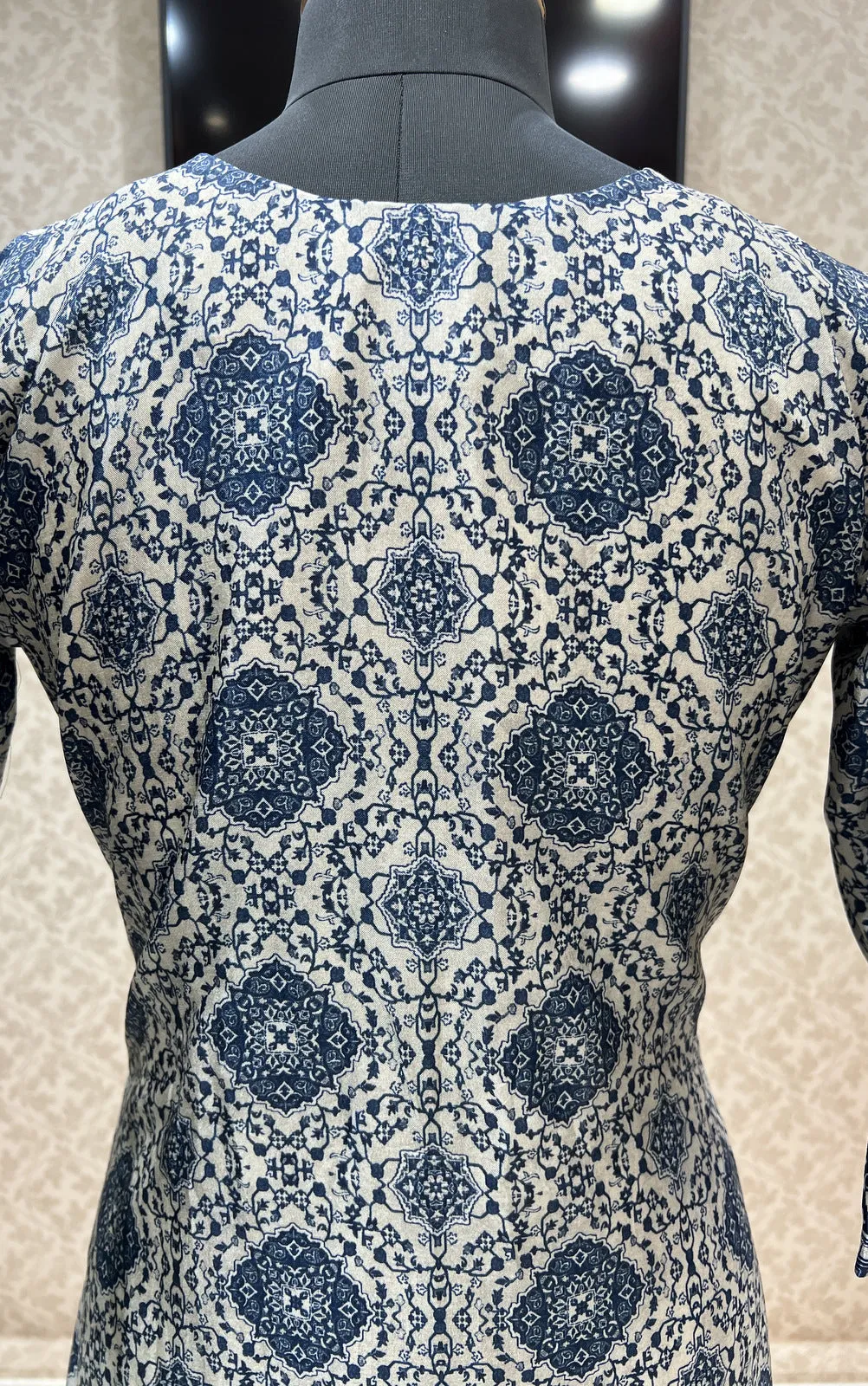 Grey with Blue Digital Print, Mirror and Thread work Calf Length Kurti