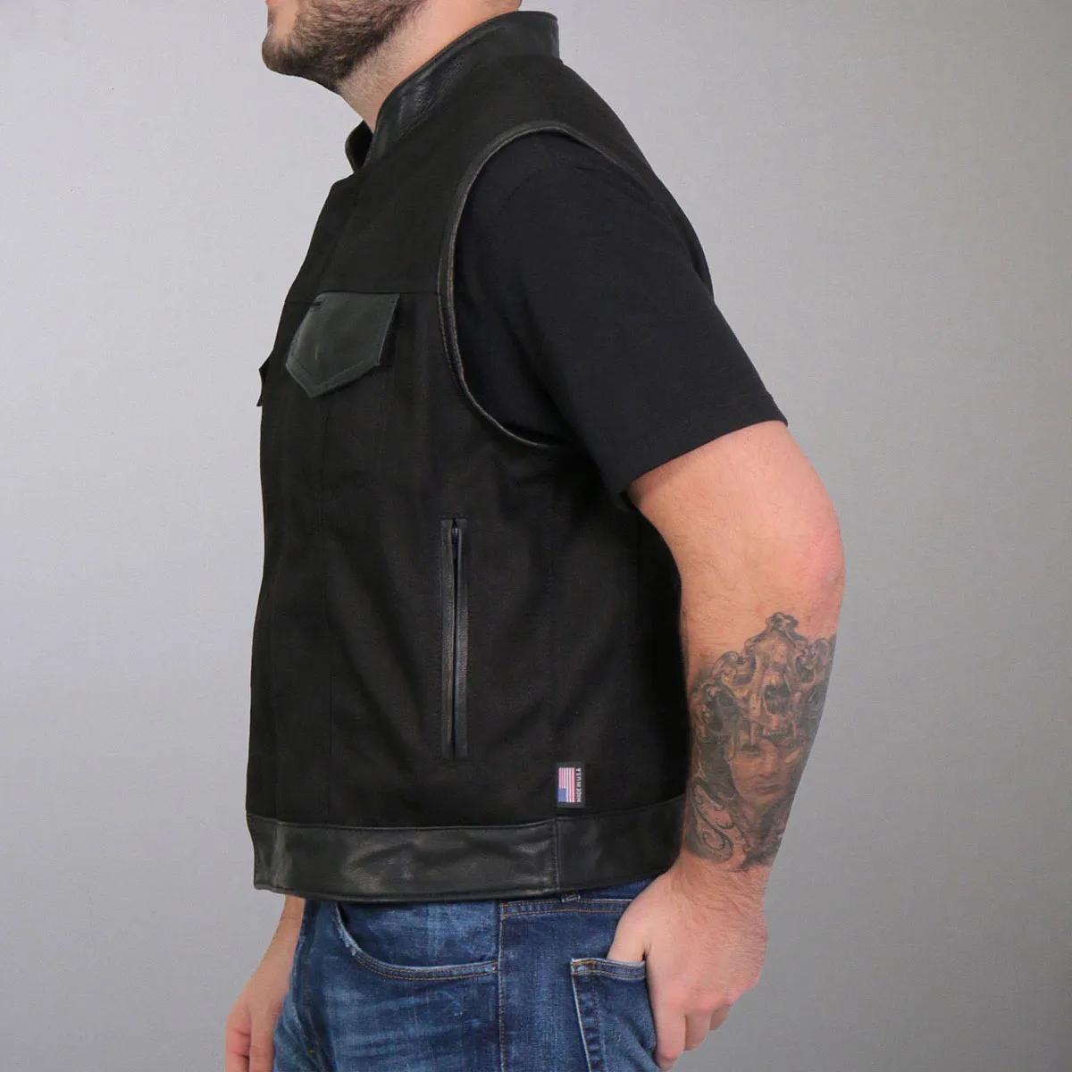 Hot Leathers VSM5101 Men's USA Made Denim and Leather Biker Rider Vest with Red Lining