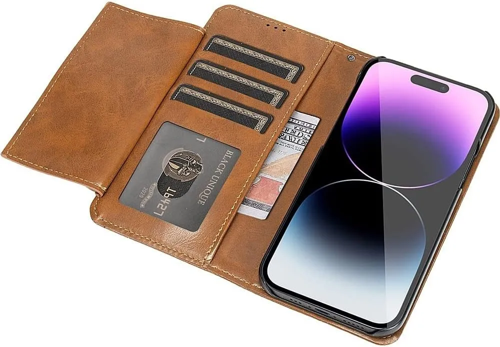 iPhone 14 Pro 6.1-inch Protection Kit Bundle - Folio Wallet Case with Tempered Glass Screen and Camera Protector (Brown)