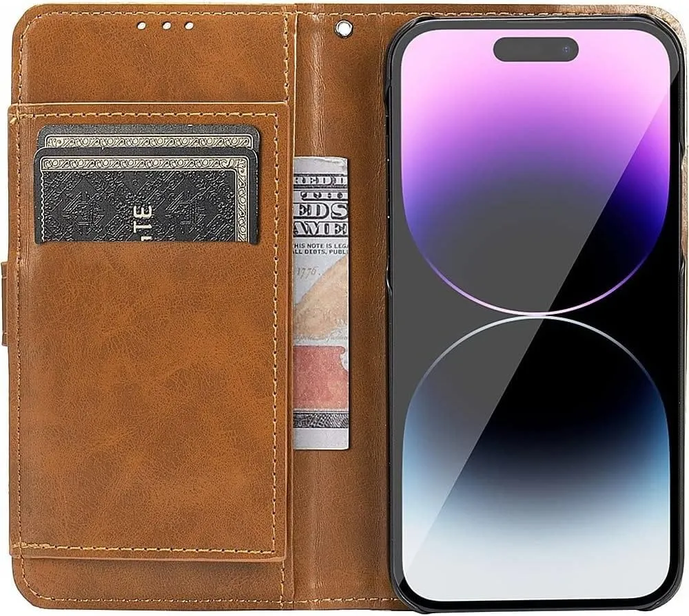 iPhone 14 Pro 6.1-inch Protection Kit Bundle - Folio Wallet Case with Tempered Glass Screen and Camera Protector (Brown)