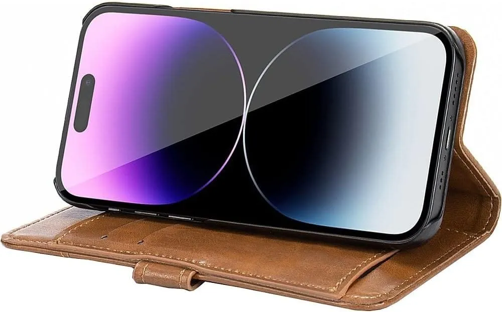iPhone 14 Pro 6.1-inch Protection Kit Bundle - Folio Wallet Case with Tempered Glass Screen and Camera Protector (Brown)