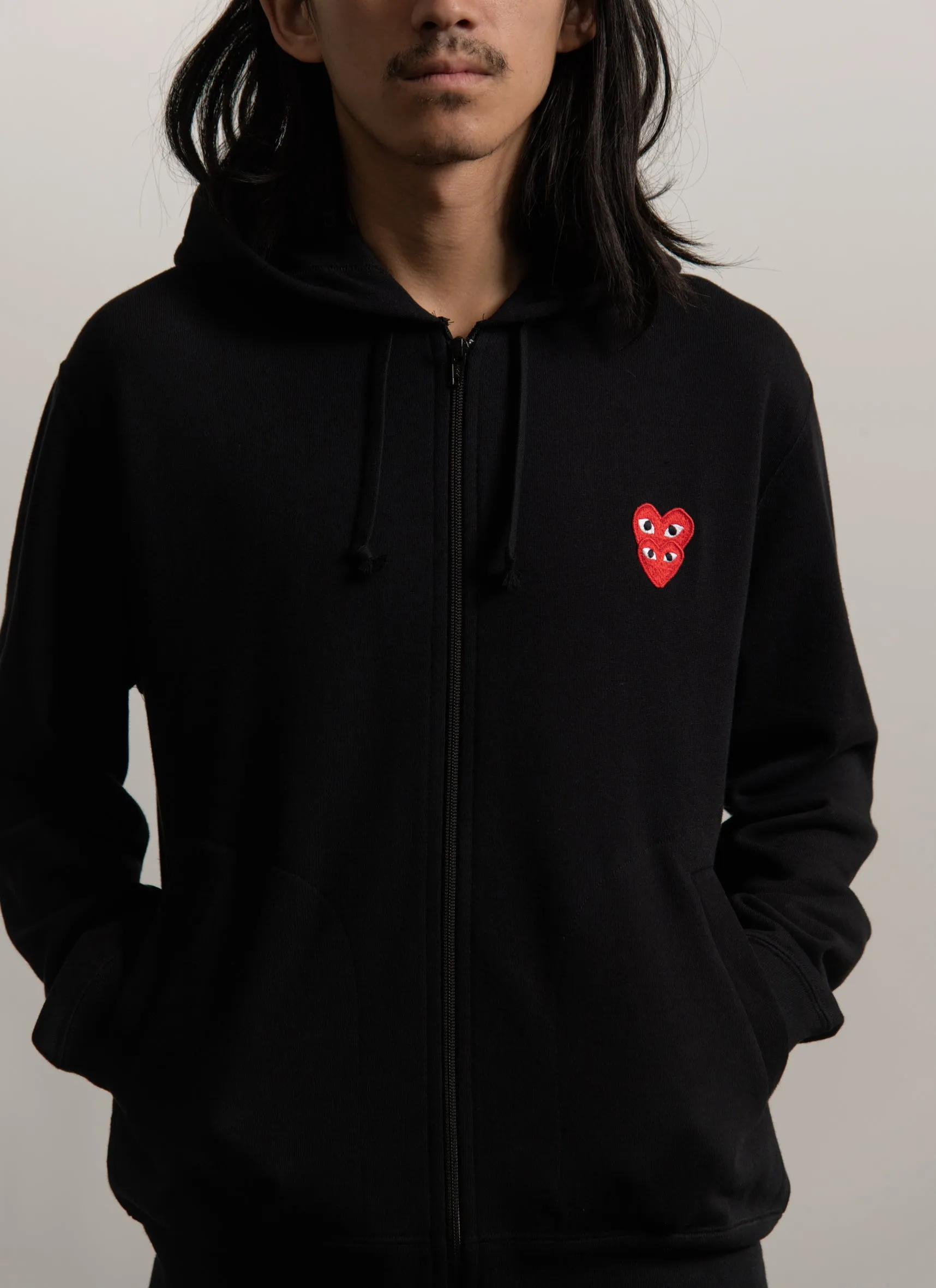 Layered Double Emblem Zip Hoodie Black/Red T294