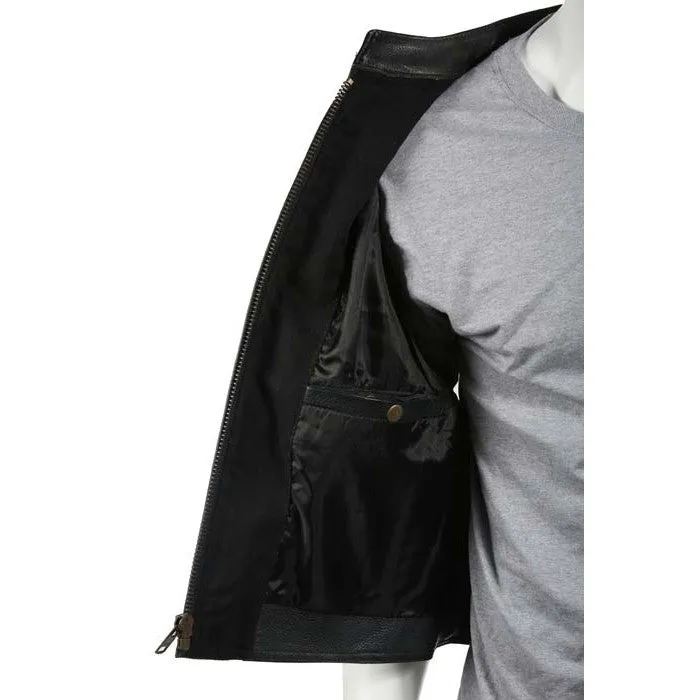 Mens Leather Motorcycle Club Style Vest With Mandarin Stand Up Collar