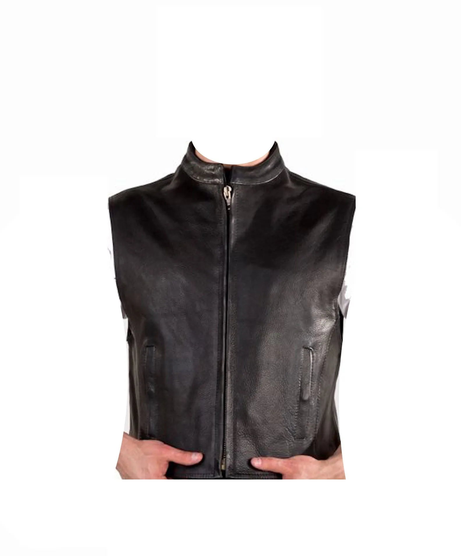 Mens Leather Motorcycle Club Style Vest With Mandarin Stand Up Collar