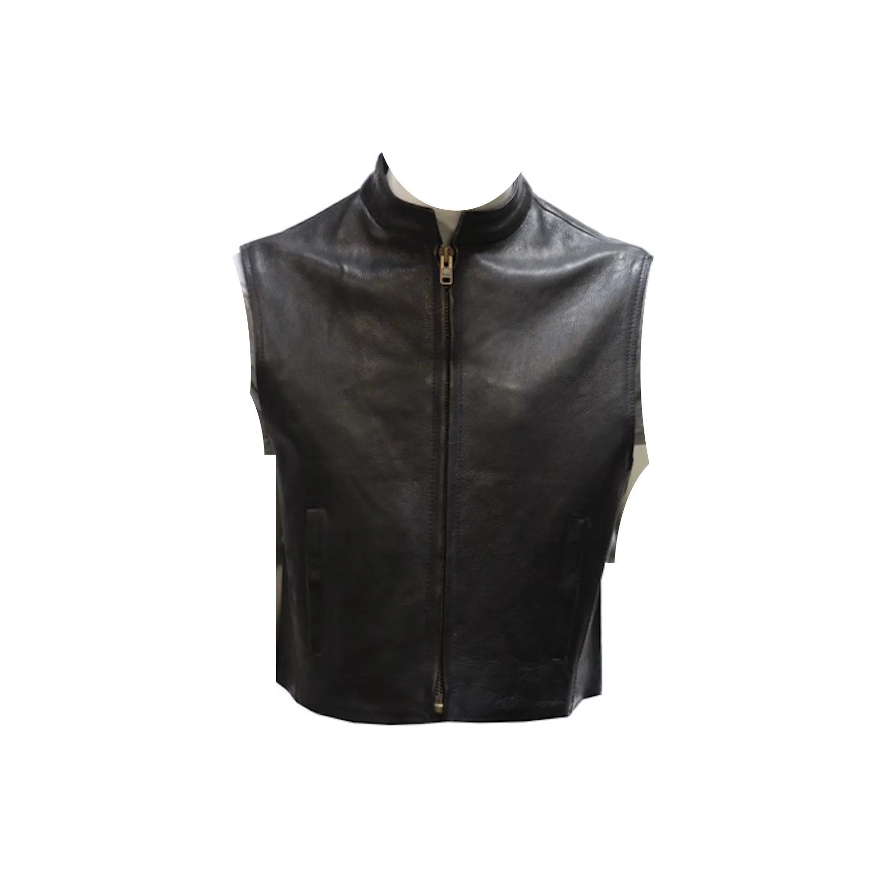 Mens Leather Motorcycle Club Style Vest With Mandarin Stand Up Collar