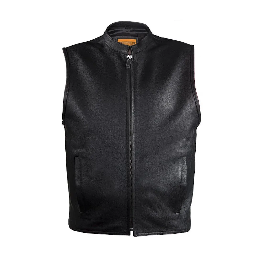 Mens Leather Motorcycle Club Style Vest With Mandarin Stand Up Collar