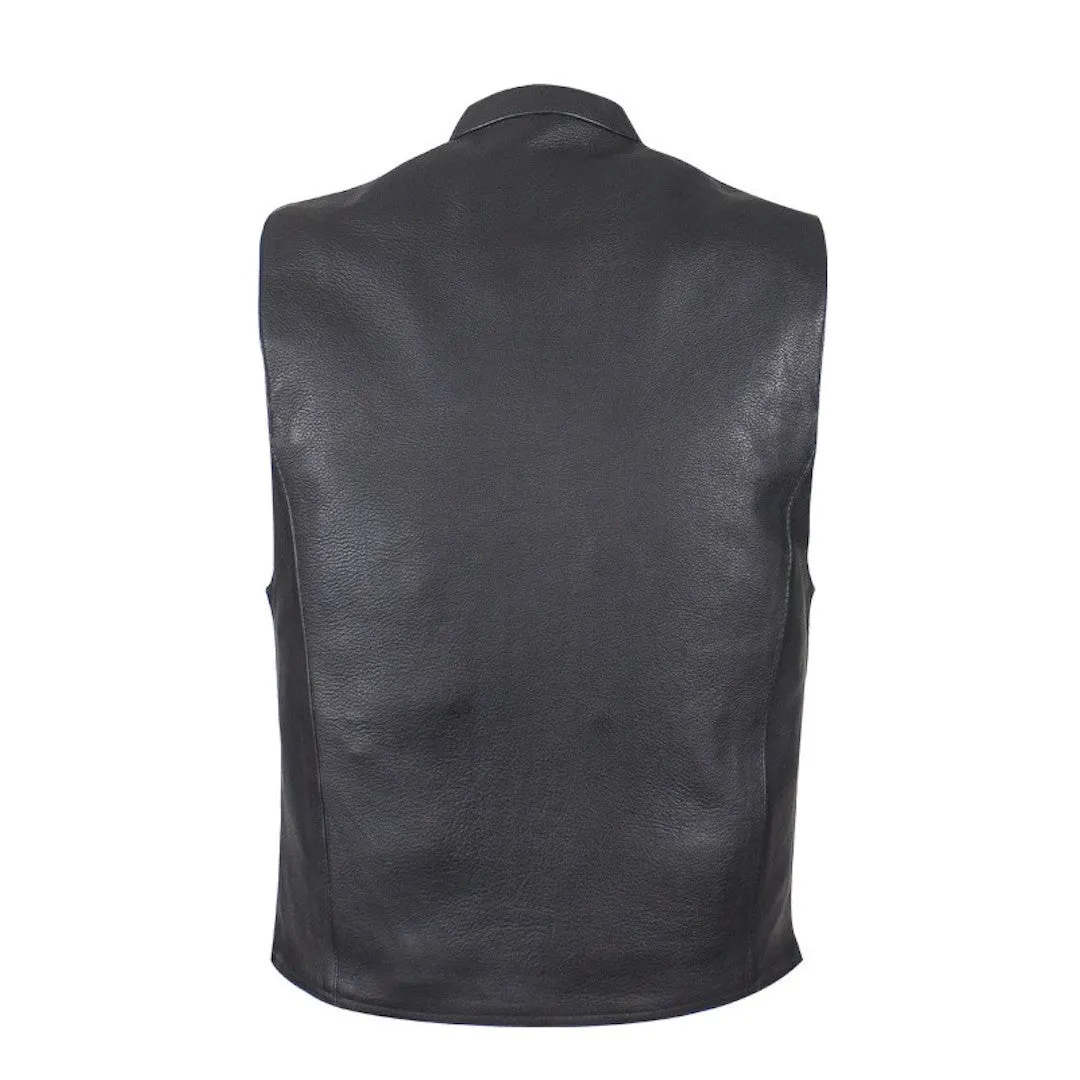 Mens Leather Motorcycle Club Style Vest With Mandarin Stand Up Collar