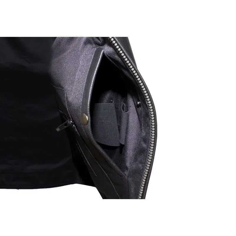 Mens Leather Motorcycle Club Style Vest With Mandarin Stand Up Collar