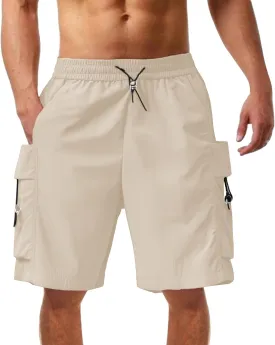 Mens Shorts Cargo Elastic Waist Lightweight Straight Leg Work Shorts Relaxed Fit Multi Pockets Travel Hiking Pants