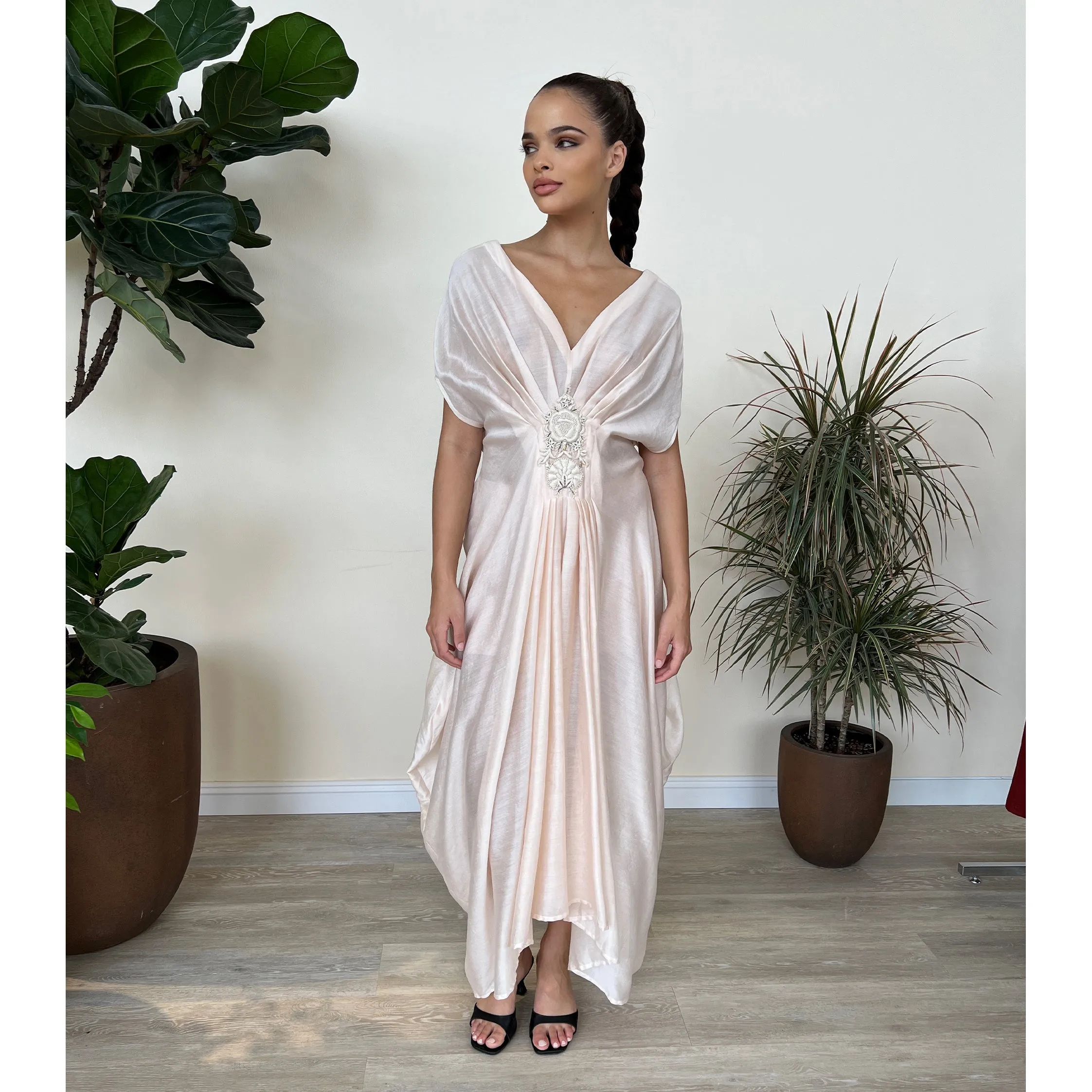 Nude Pure Silk Draped Hand Embroidered Kaftan