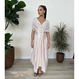Nude Pure Silk Draped Hand Embroidered Kaftan