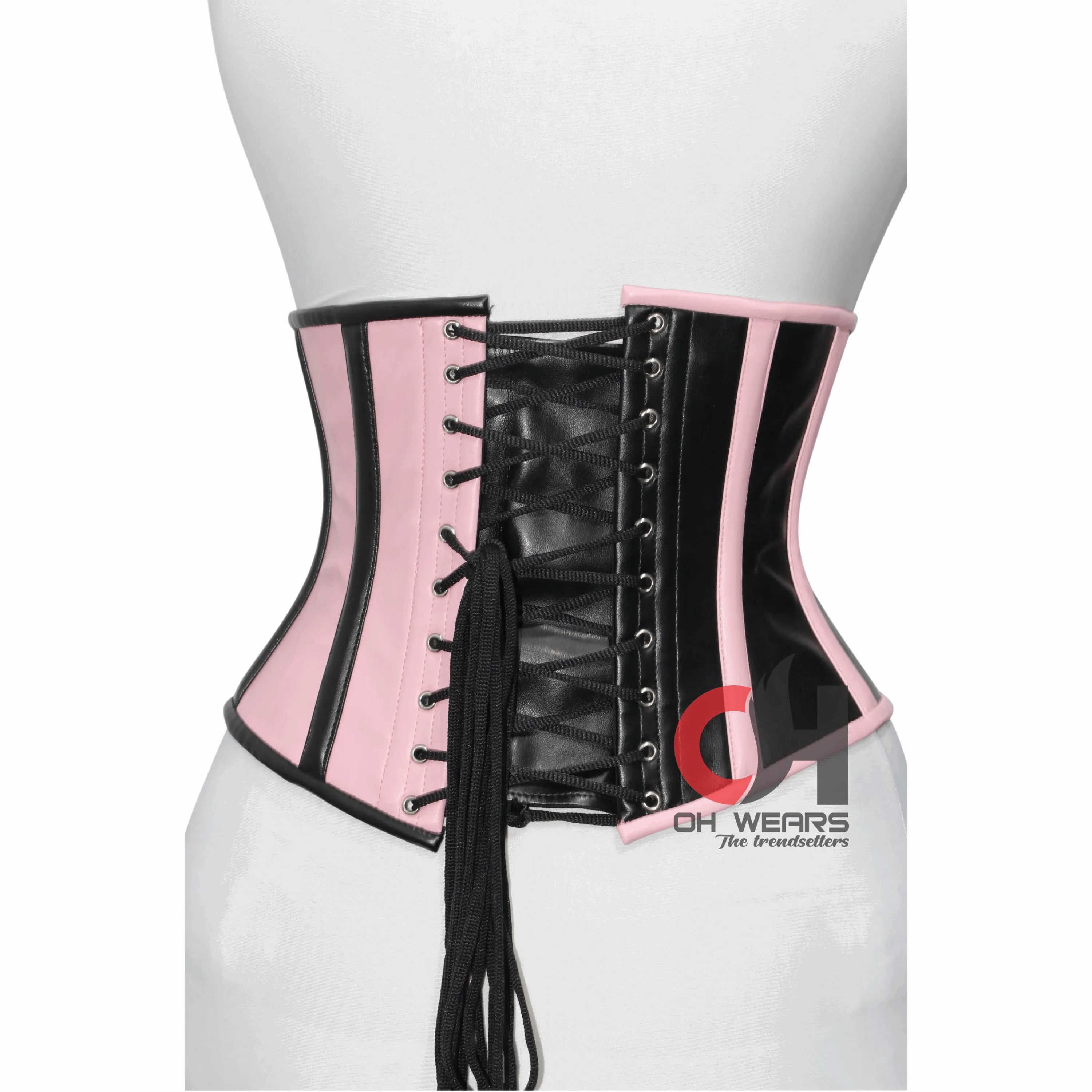 Pink and Black Faux Leather Underbust Corset Steel Boned