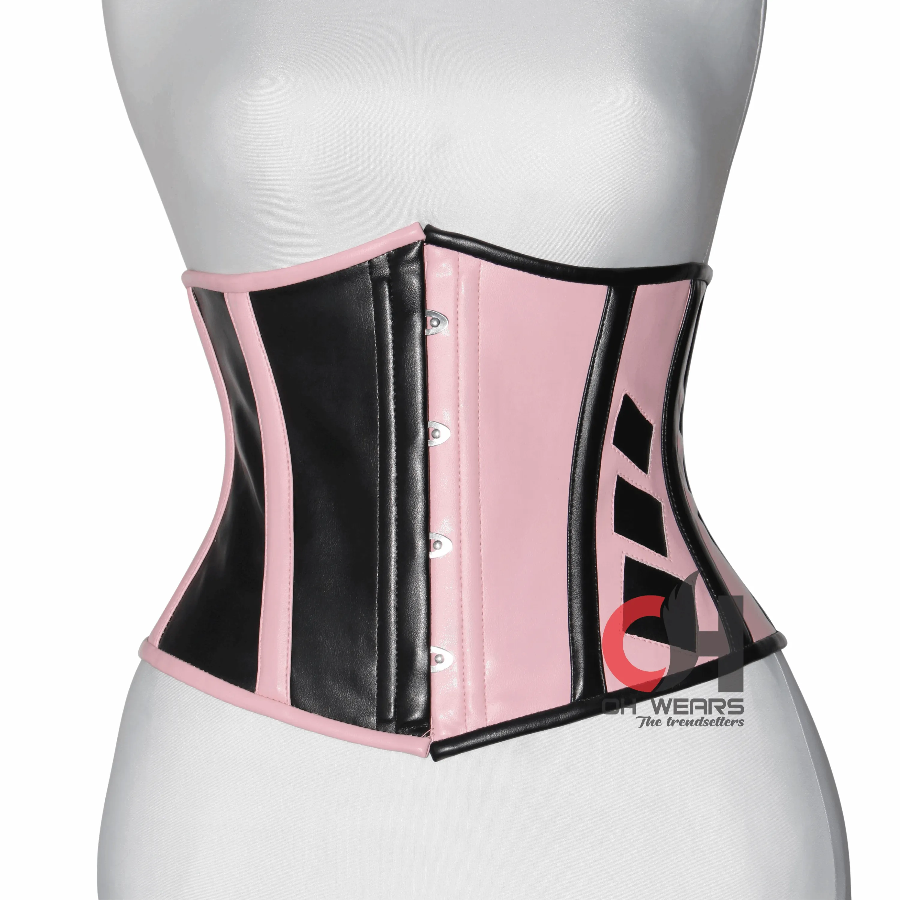 Pink and Black Faux Leather Underbust Corset Steel Boned