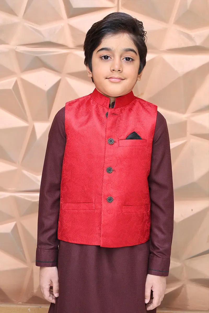 Premium fabric (SELF-DESIGN JAMAWAR ) waistcoat RED JMW