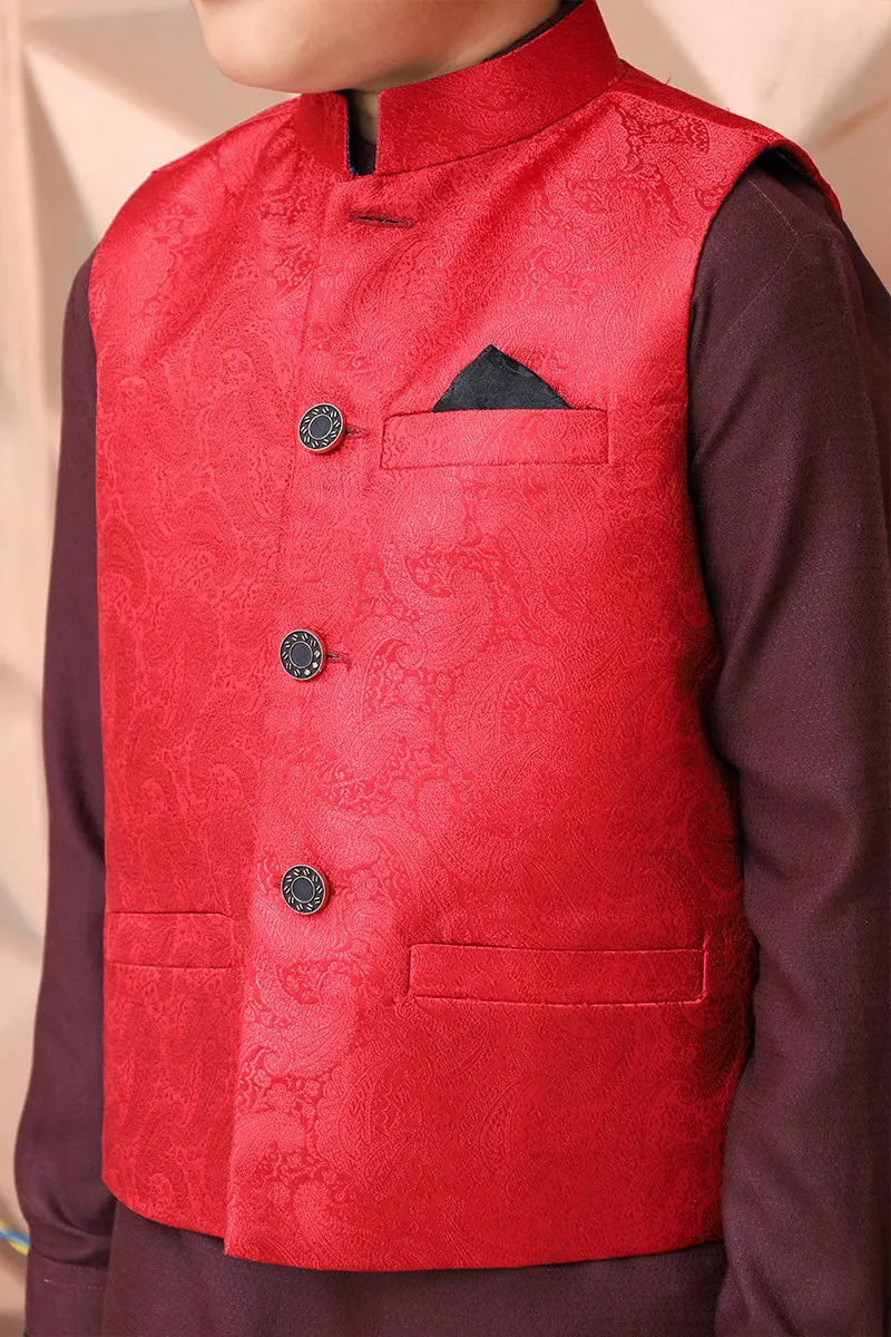 Premium fabric (SELF-DESIGN JAMAWAR ) waistcoat RED JMW