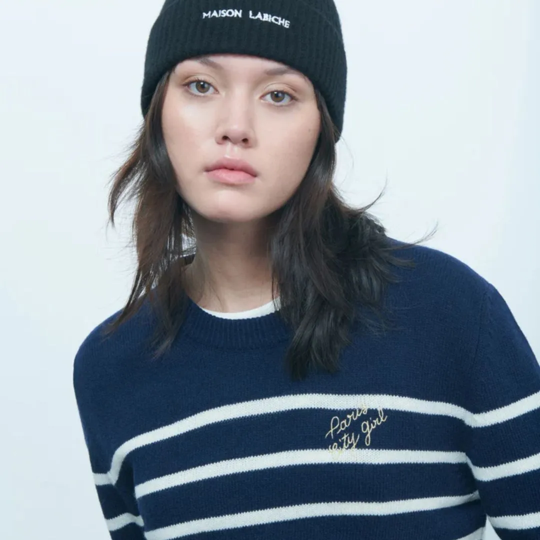 "Paris City Girl" Choiseul Recycled Wool Sweater (Nocturnal Blue Ivory)