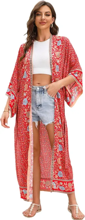 R.Vivimos Women's Vintage Floral Print Beach Boho Cardigan Kimono Maxi Swimwear Cover up Dress Wrap