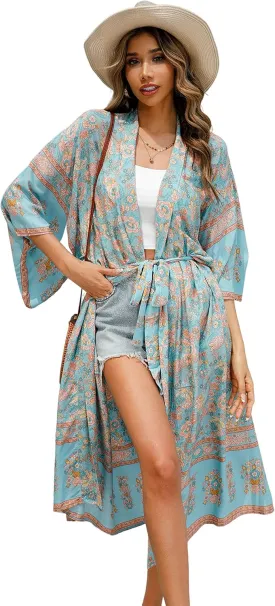 R.Vivimos Women's Vintage Floral Print Beach Boho Cardigan Kimono Maxi Swimwear Cover up Dress Wrap