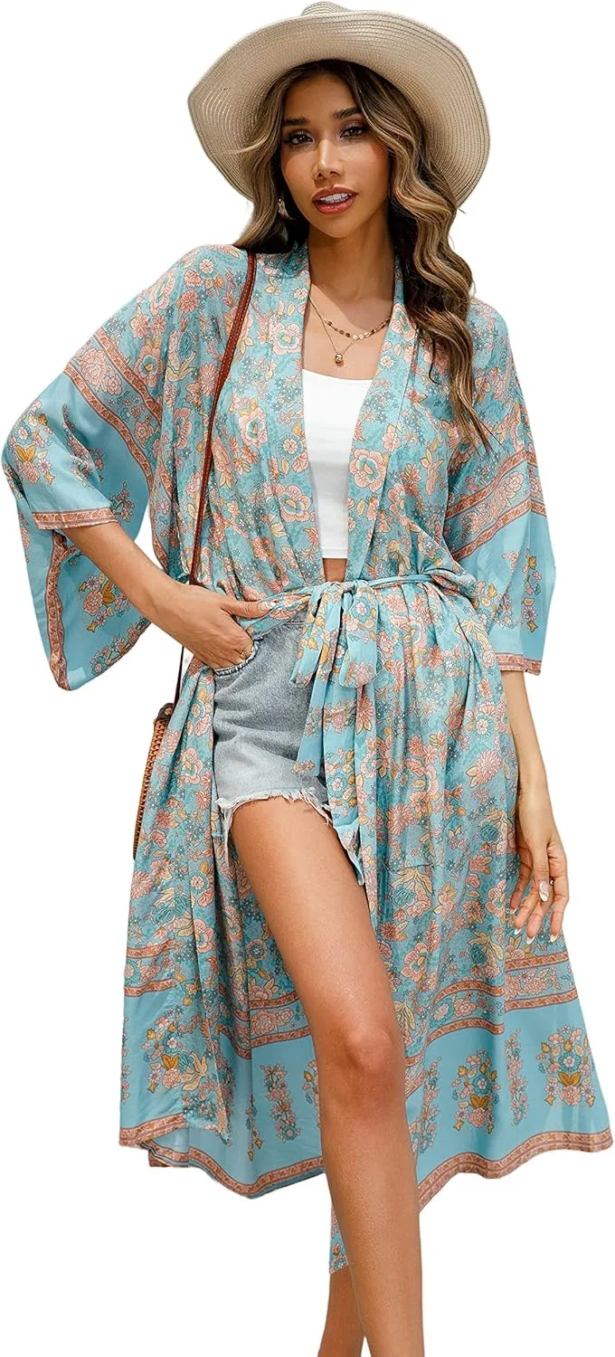 R.Vivimos Women's Vintage Floral Print Beach Boho Cardigan Kimono Maxi Swimwear Cover up Dress Wrap