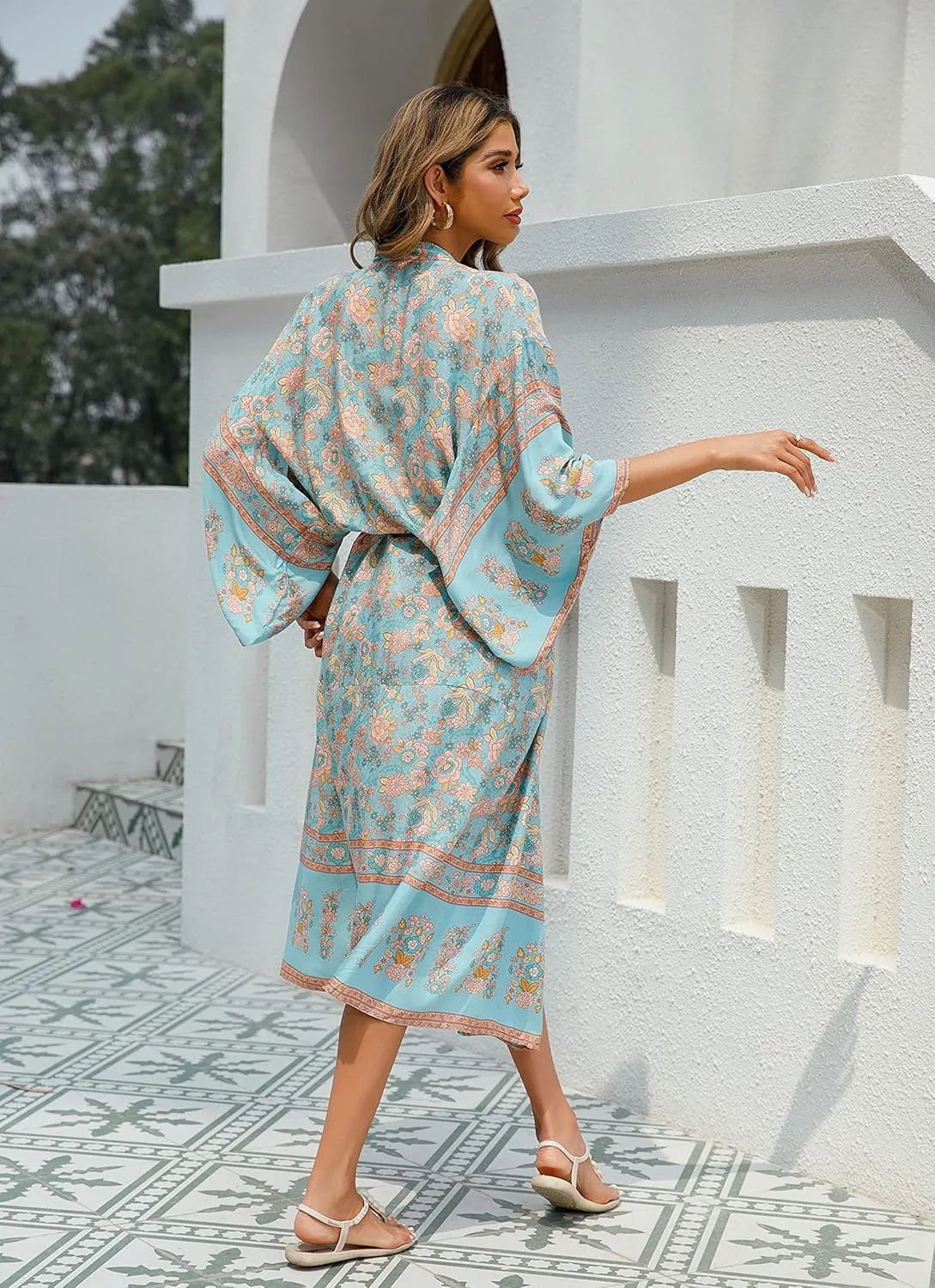 R.Vivimos Women's Vintage Floral Print Beach Boho Cardigan Kimono Maxi Swimwear Cover up Dress Wrap