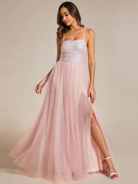 Sequin Tulle Spaghetti Strap High Split Wholesale Bridesmaid Dress